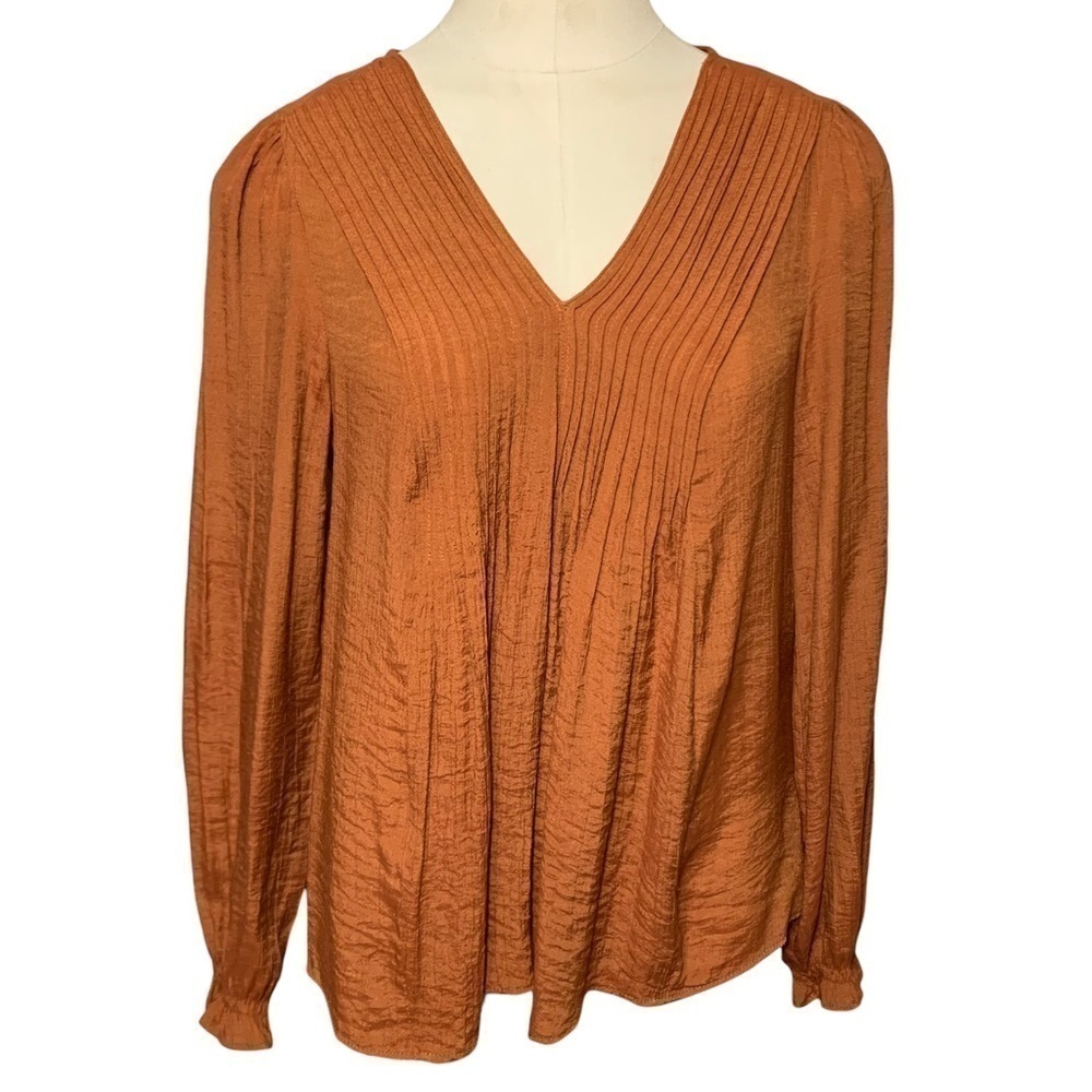 Nanette Lepore Brown Shirt Blouse Long Sleeve Sz S V Neck Pleated Minimalist
